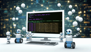 alt_text: A computer screen displays Robots.txt code while friendly robots and network elements enhance the theme.