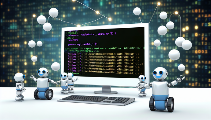 alt_text: A computer screen displays Robots.txt code while friendly robots and network elements enhance the theme.