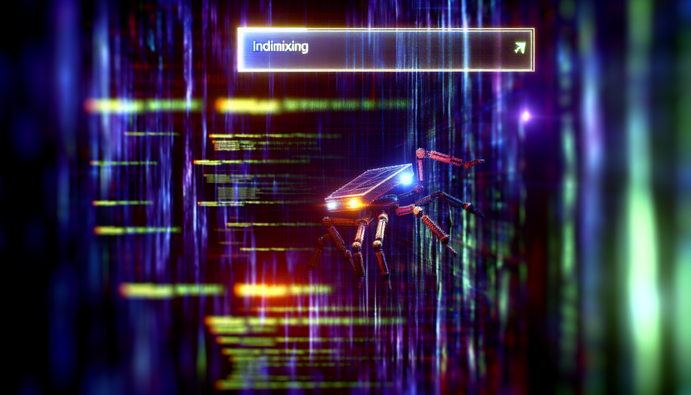 alt_text: A web crawler navigates a digital network, symbolizing indexing and data flow in tech-savvy colors.